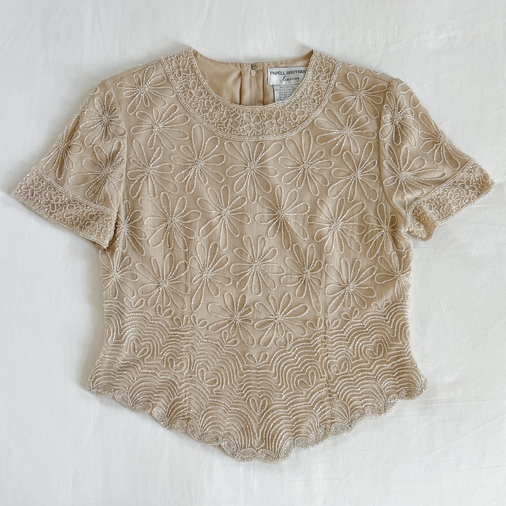 Adrianna Papell Floral Beaded Silk Formal Top | Champagne | Size 6P | GUC